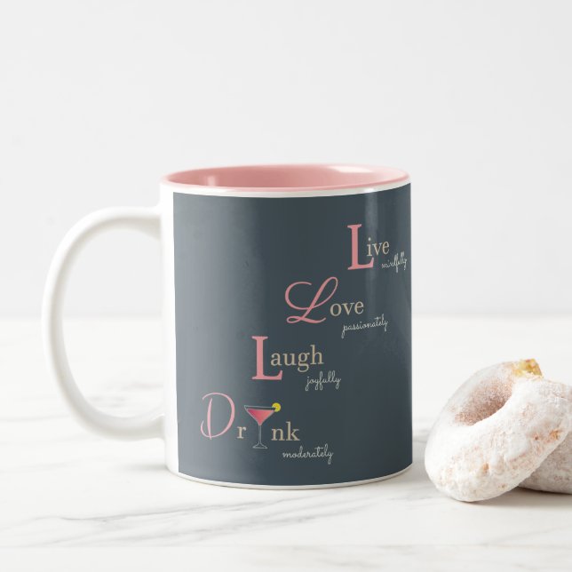 Taza Bicolor Live Love Laugh y Bebe cóctel (Con donut)