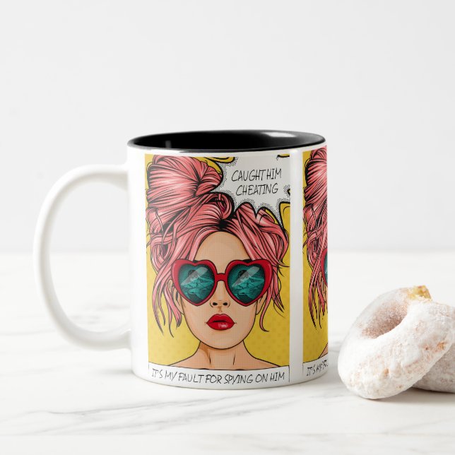 Taza Bicolor Lo atrapan engañando arte pop (Con donut)