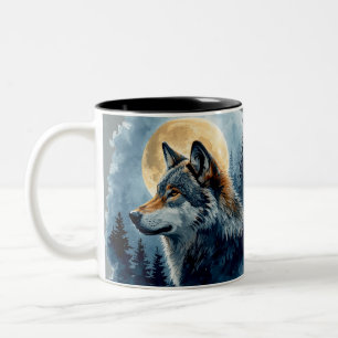 Taza Bicolor Lobo de Luna Mística Arte Acuarela Bosque Celest