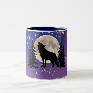 Taza Bicolor Lobo y silueta de la luna bajo las estrellas