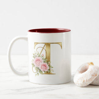 Taza Bicolor Logo de letra T floral dorada de lujo