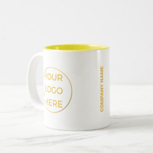 Taza Bicolor Logo y nombre de negocio en oro sobre fondo blanco