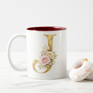 Taza Bicolor Logotipo de monograma de letra J dorada floral de 
