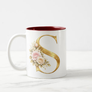 Taza Bicolor Logotipo de monograma de letra S dorada floral de