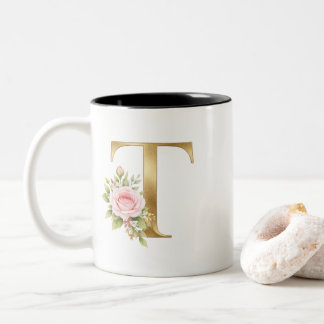 Taza Bicolor Logotipo de Monograma de Letra T Floral Elegante