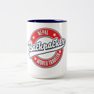 Taza Bicolor logotipo retro de viajero por el mundo mochilero d