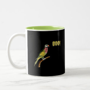 Taza Bicolor Loro vibrante en rama con divertido "¡BOO!"