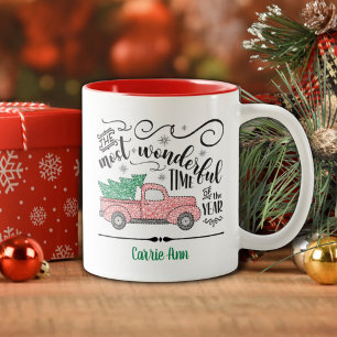 Taza Bicolor Los Navidades de Camión Rojo de la época más marav