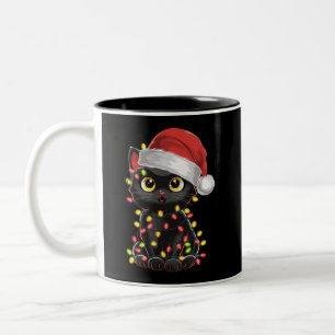 Taza Bicolor Luces de árbol de Navidad de gato negro divertido 