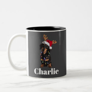 Taza Bicolor Luces de perro Dachshund de Navidad con nombre per