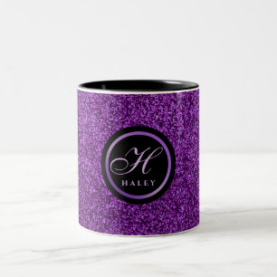 Taza Bicolor Lujo Purpura Brillante Glitter Monograma Inicial