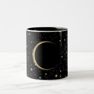 Taza Bicolor Luna mágica celestial de negro y dorado estrellas 