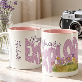 Taza Bicolor Lunares Morados Con Jardín Acuarela