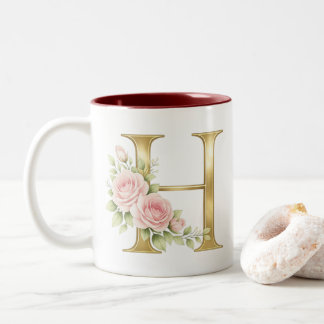Taza Bicolor Luxury Floral Monogram Letter H – Elegant Gold Ini