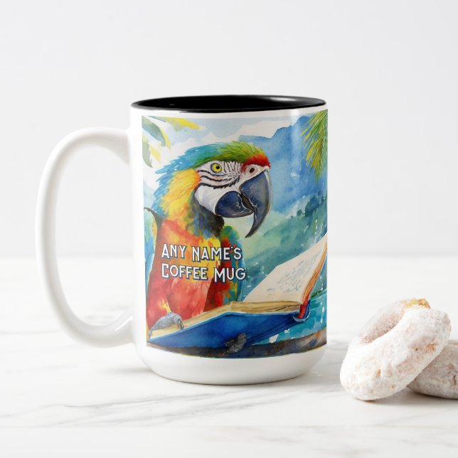 Taza Bicolor Macaw leyendo el libro grande (Con donut)