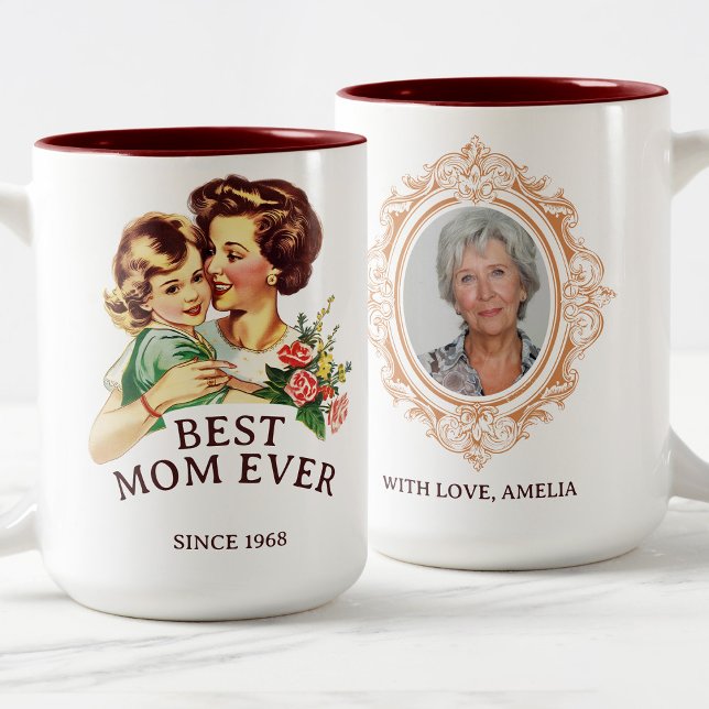 Taza Bicolor Madre e hija de la vieja madre (Vintage Mother & Daughter Best Mom Ever Photo Two-Tone Coffee Mug)