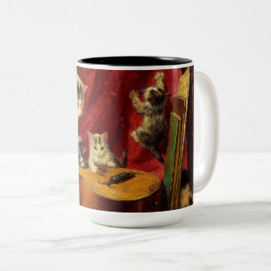 Taza Bicolor Madre gata y gatitos jugando con guitarra