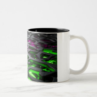 Taza Bicolor Malla 3D abstracta de neón rosa y verde Cyberpunk