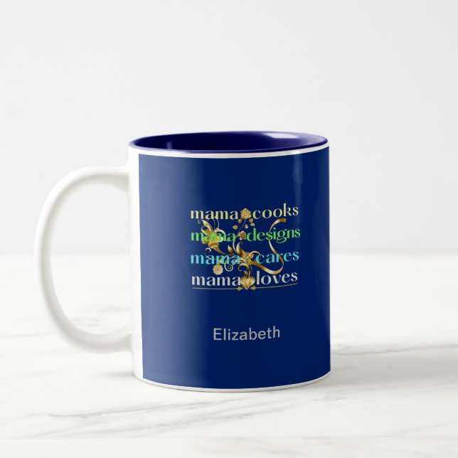 Taza Bicolor Mama Cocina Mama Diseña Mama Cares ama (Izquierda)