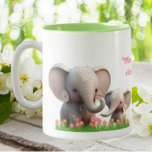 Taza Bicolor Mamá linda y elefante bebé personalizados