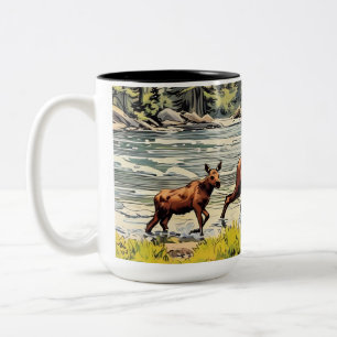 Taza Bicolor Mama y baby moose en el Parque Nacional Rocky Moun