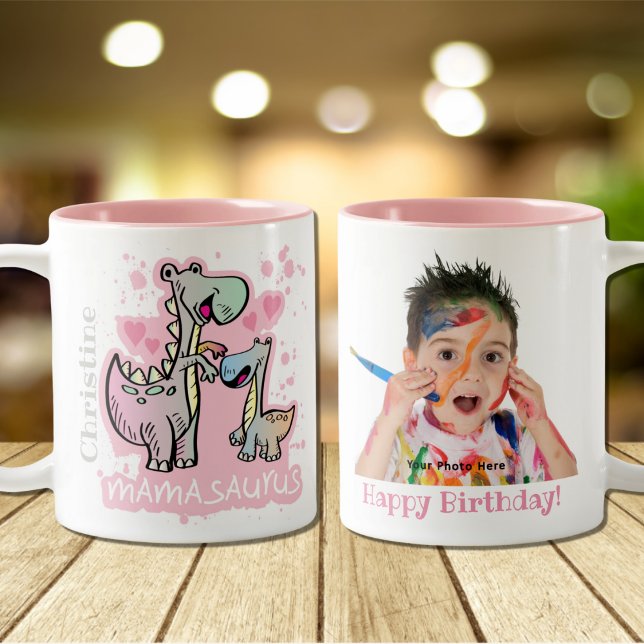 Taza Bicolor Mamasaurus Dino Mom Happy Birthday Photo Personali (Subido por el creador)