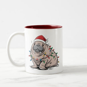 Taza Bicolor Manatí Festivo Navideño Santa Océano Amante Acoged