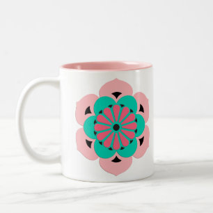 Taza Bicolor Mandala de flores Lotus, rosa coral y turquesa
