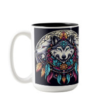 Mandala de lobo con colores vibrantes y atrapasueñ