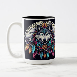 Taza Bicolor Mandala de lobo con colores vibrantes y atrapasueñ