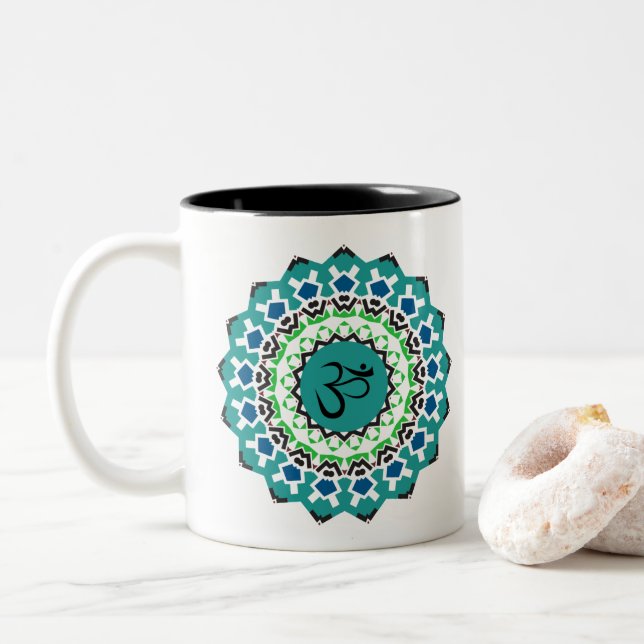 Taza Bicolor Mandala Espiritual Yoga Om Símbolo Turquesa Azul (Con donut)