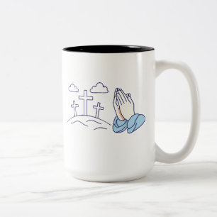 Taza Bicolor Manos en oración y cruces del Calvario