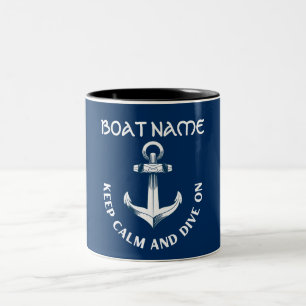 Taza Bicolor Mantén la calma y sigue buceando, ancla azul marin