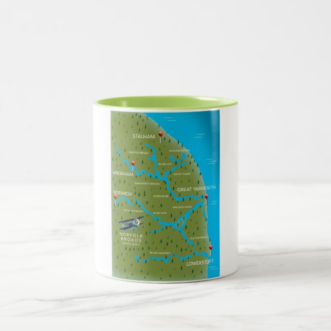 Taza Bicolor Mapa de Inglaterra de Norfolk Broads. (Centro)