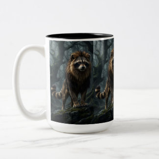 Taza Bicolor Mapache León Místico – Fantasía del Bosque de Ojos