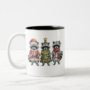 Taza Bicolor Mapaches de Navidad Trío de Bosque Santa Árbol Ani