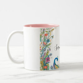 Taza Bicolor Marco de pavos reales con flores acuarelas
