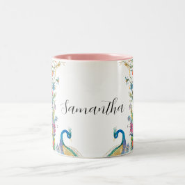 Taza Bicolor Marco de pavos reales con flores acuarelas