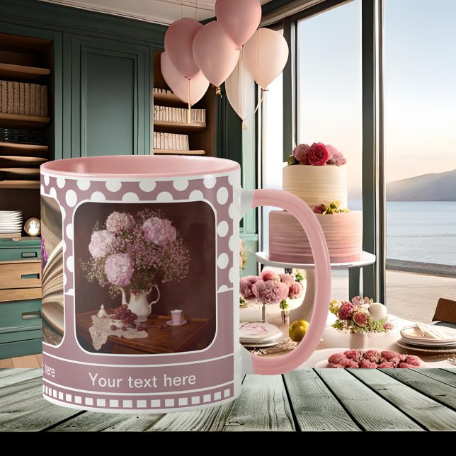 Taza Bicolor Marco fotográfico rosa Rubor personalizado: polka  (Photo mug featuring your own photos framed by a retro polka dots design in blush pink and white)