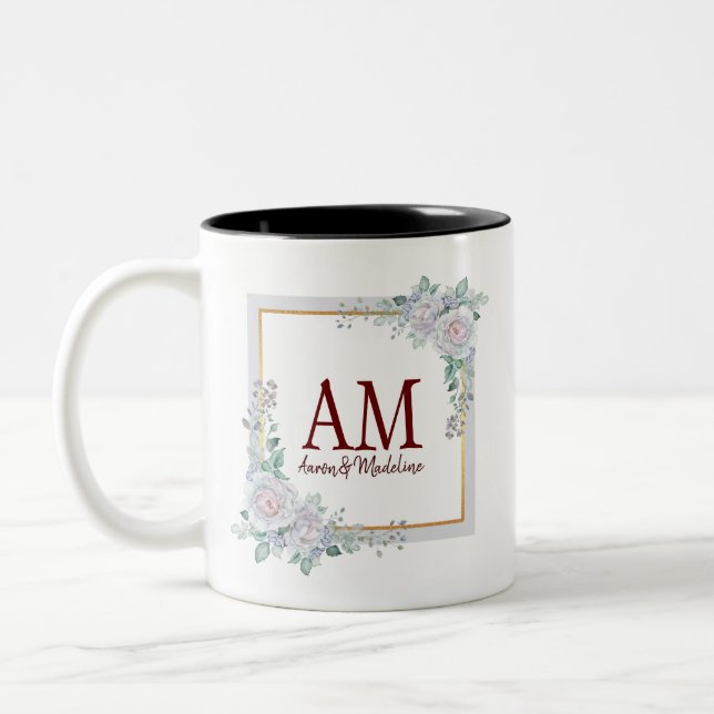 Taza Bicolor Marco Rosa de monograma floral personalizado (Izquierda)