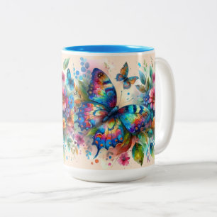Taza Bicolor Mariposa acuarela Flores Florales Rosa Azul