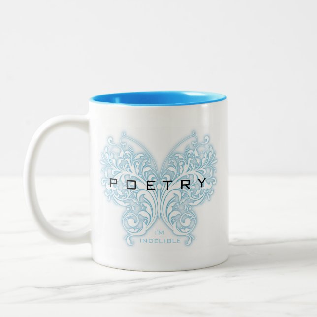 Taza Bicolor Mariposa azul de la poesía - soy indeleble (Izquierda)