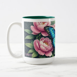 Taza Bicolor Mariposa Morfo Azul Personalizada Floral Monograma