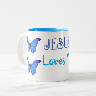 Taza Bicolor Mariposas azules que Jesús te ama