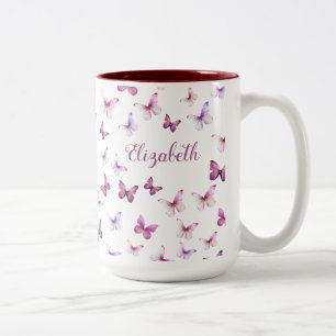 Taza Bicolor Mariposas Rosadas Hermosas Nombre Personalizado