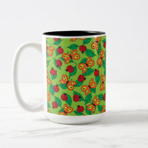 Taza Bicolor Mariposas y mariquitas en hojas verdes
