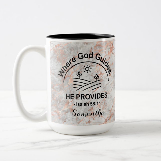 Taza Bicolor Mármol beige gris cristiano donde Dios guía (Izquierda)