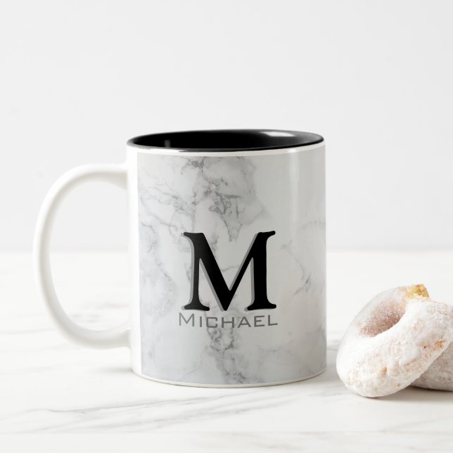 Taza Bicolor Mármol gris blanco del monograma ejecutivo (Con donut)