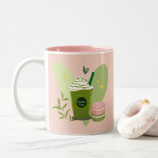 Taza Bicolor Matcha y Macarons (Con donut)