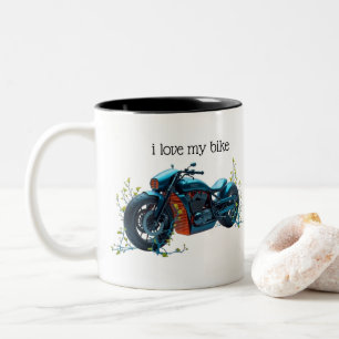 Taza Bicolor Me encanta mi bicicleta: diseño futurista de motoc